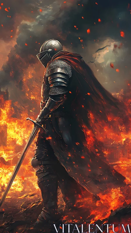 Armored figure stands in burning landscape with drawn sword