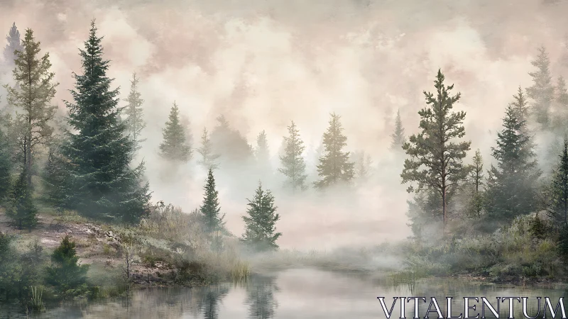 Misty conifer forest surrounding calm reflective waterway.