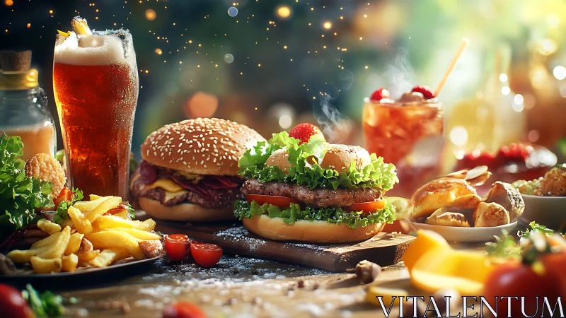 Burger feast shimmers as golden drinks and fries sparkle