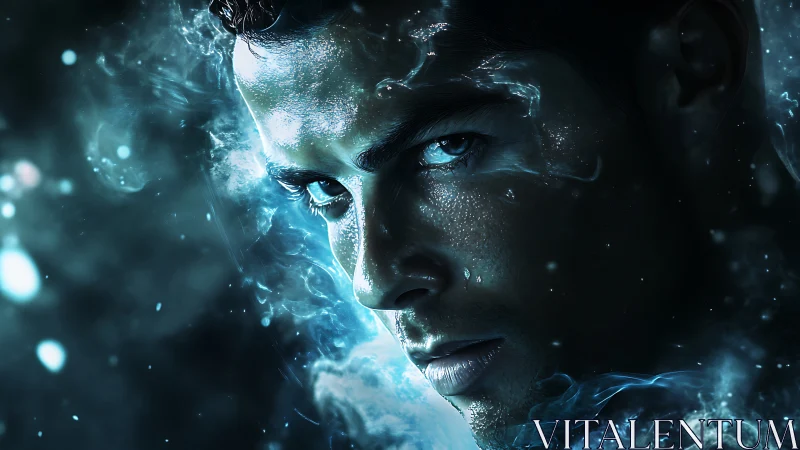 Mystical blue gaze emerging from swirling cosmic mist.