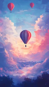 Vertical skyscape with hot air balloons in luminous clouds.
