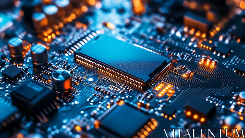 Neon circuit metropolis with a lone microchip monarch at dusk.