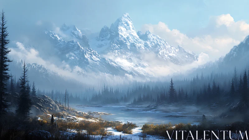Snowlit mountain valley with misty pines and wanderer.