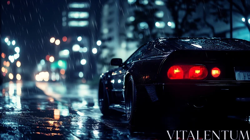 Sports car on wet city street at night under rainfall.