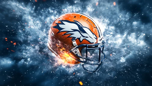 Orange football helmet floats amid blue explosive sparks
