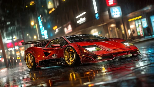 Red sports coupe on wet city street at night in rain.