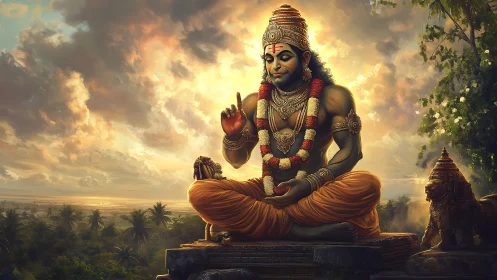 Hanuman meditating on temple platform under glowing sky