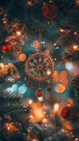 Golden snowflake ornament sparkles on a glowing tree