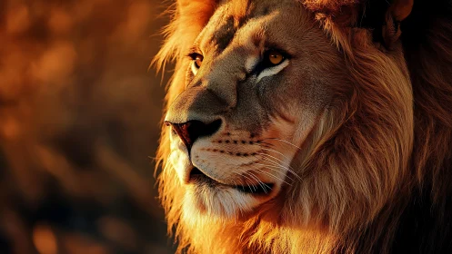 Sunlit lion studies the horizon with ember-bright eyes