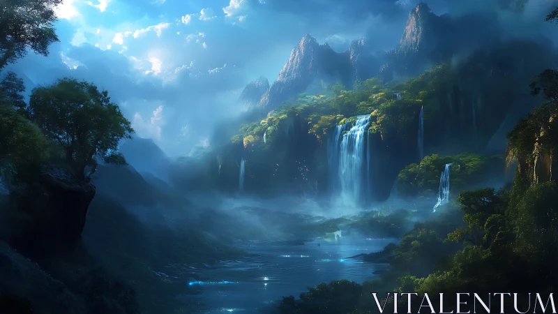 Mountain basin with waterfalls under diffuse blue light.