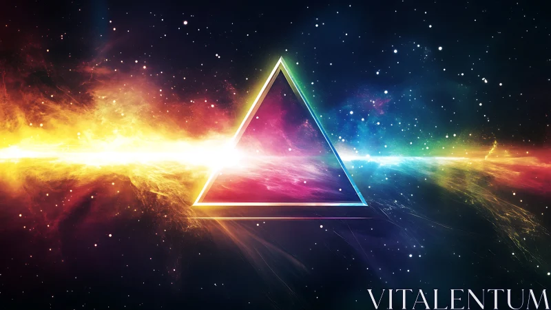 Radiant prism triangle glows softly in a vibrant cosmic sky