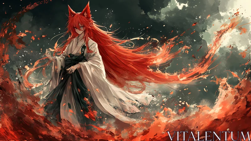 Fox-eared sorceress commands crimson firestorm skyward.