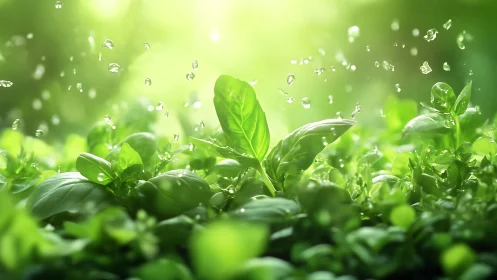 Macro basil foliage under suspended water droplets in soft bokeh