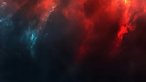 Red and blue nebula clouds in dark deep space background.