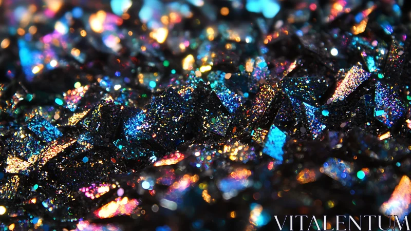 Iridescent crystal shards scatter prismatic neon light