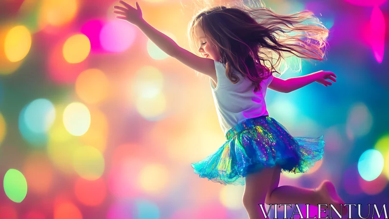 Child in motion against colorful defocused light field.