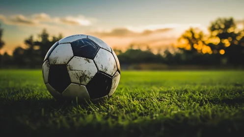 Grass-stained soccer ball quietly guards a sunset field