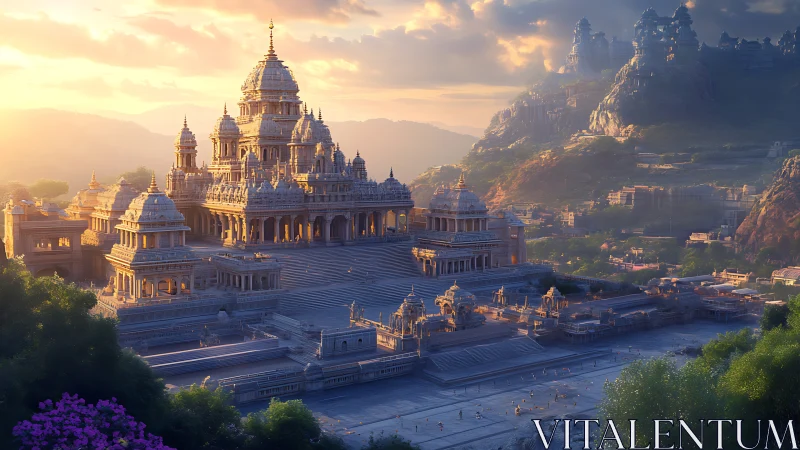 Parametric sunrise over monumental terraced temple citadel.