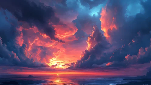 Spectral cumulonimbus over oceanic horizon at chromatic sunset.