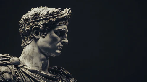 Profile view of classical male marble bust with diadem.