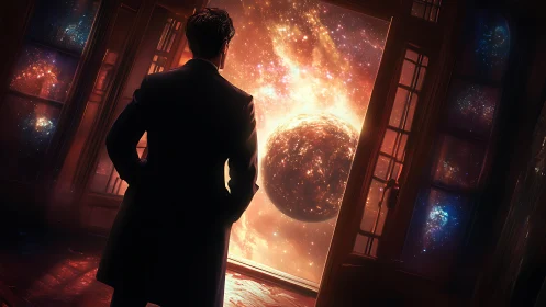 Man in silhouette contemplates a glowing cosmic portal.