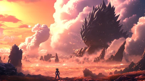 Colossal celestial warrior emerging from luminous cloud sea