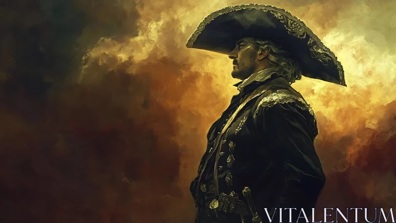 Profile portrait shows costumed man before diffuse sky backdrop