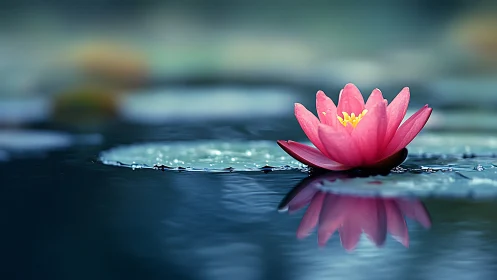 Pink water lily floats on tranquil pond in shallow focus