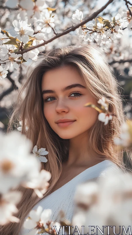 Soft natural light portrait framed by shallow-focus blossom bokeh
