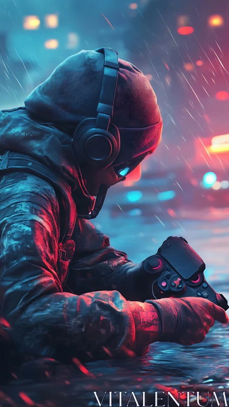 Hooded gamer crouches in neon rain clutching controller