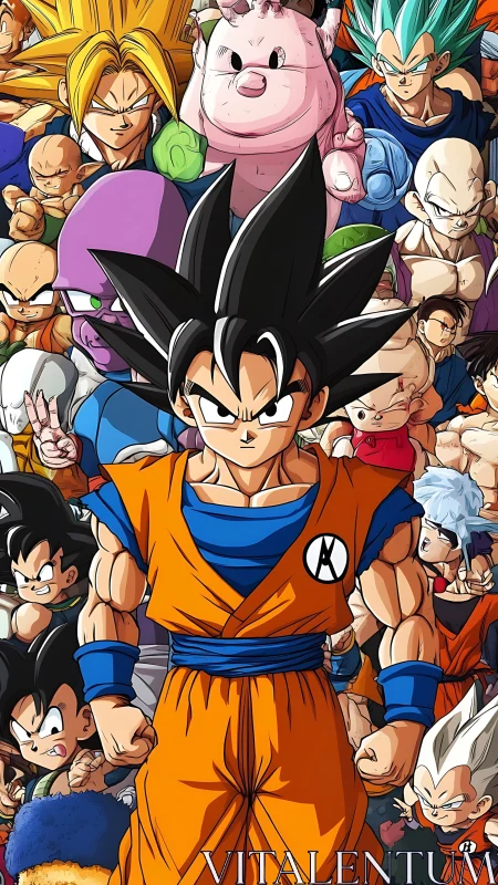 Central anime fighter surrounded by diverse battle crew.