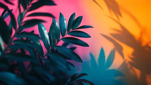 Chromatic gradient lighting on tropical frond silhouettes.
