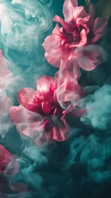 Soft pink peonies drift through swirling teal smoke.