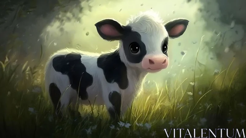 Sunlit meadow calf with storybook eyes and soft halos.