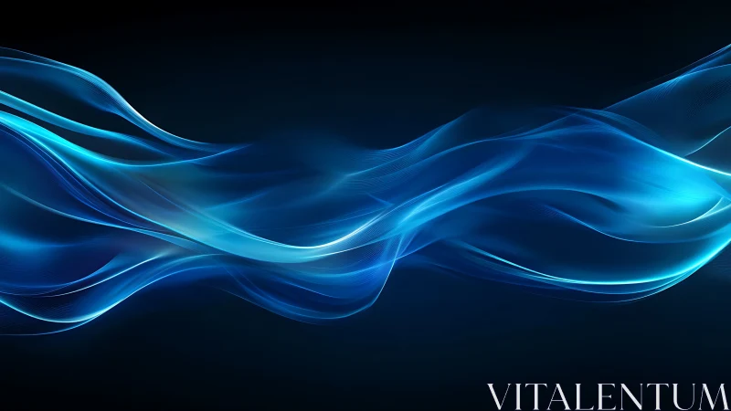 Blue light wave ribbons on dark abstract digital background.