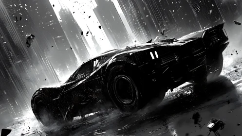 Monochrome cyberpunk supercar in dynamic rain-swept perspective.