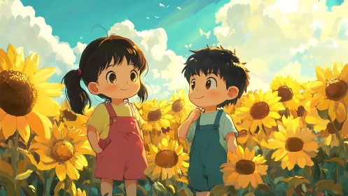 Two children standing in a dense sunflower field at midday.