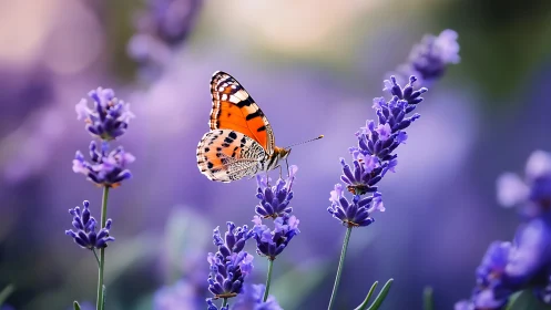 Orange butterfly on lavender spikes in soft focus field.