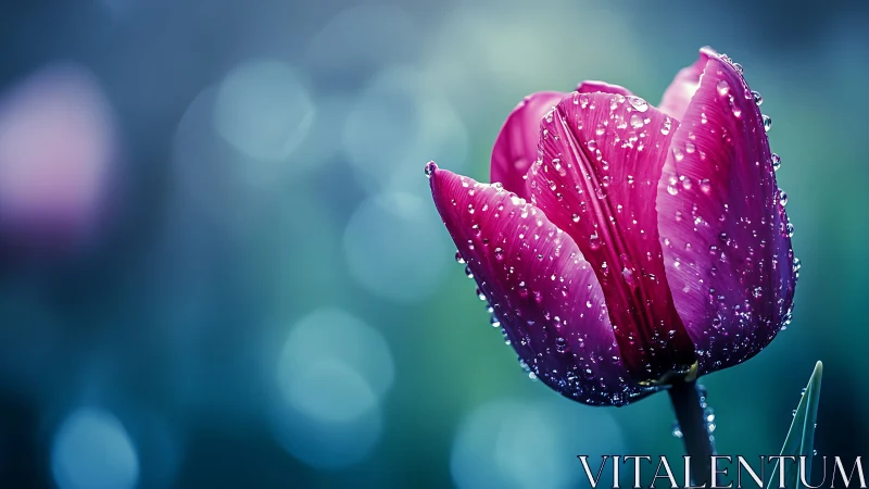 Magenta tulip with dew drops on soft bokeh background