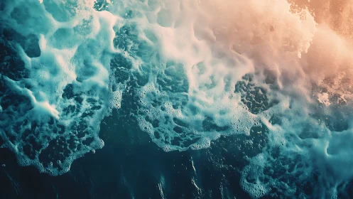 Sunlit sea foam collides with deep teal twilight waves.