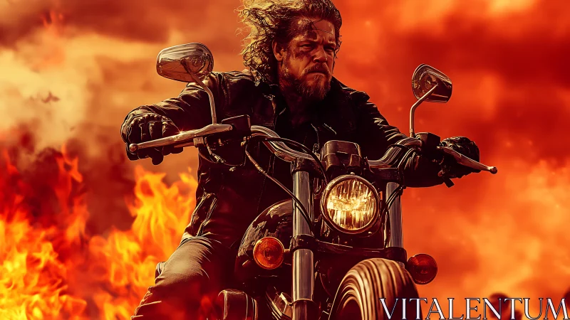Biker rides motorcycle through blazing inferno backdrop.