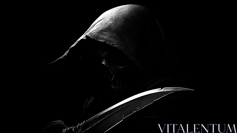 Hooded skeletal warrior holds curved blade in deep shadow