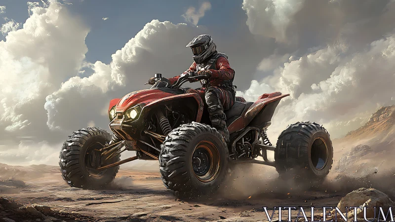 Quad bike storms the dust while storm clouds watch above