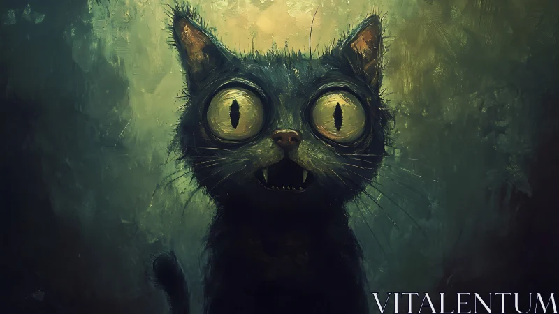 Expressionist digital painting of wide-eyed surreal cat portrait.