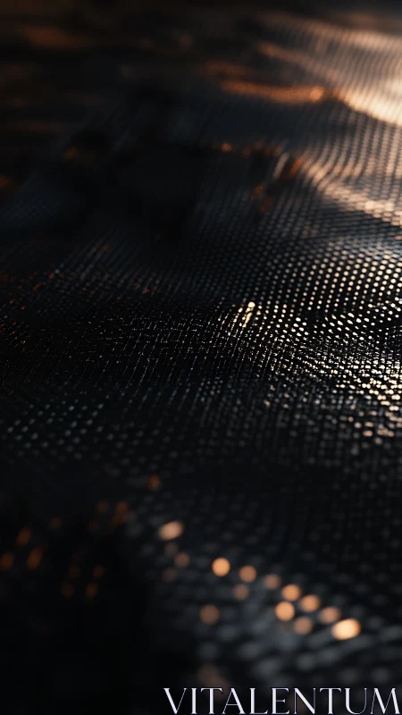 Closeup of dark metallic mesh with warm light highlights.