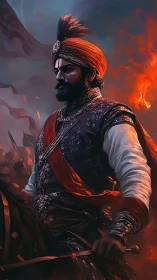 Maratha cavalry commander in red turban amid burning battlefield
