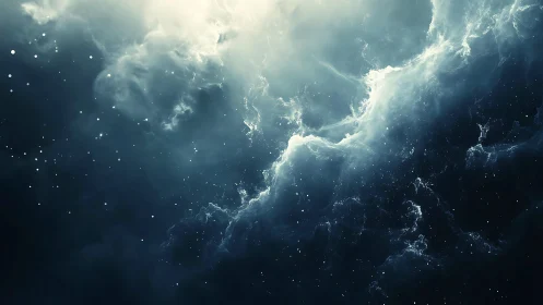 Billowing cosmic clouds drift gently through a quiet starlit void