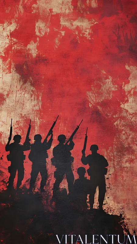 Silhouetted soldiers advance against distressed crimson sky.