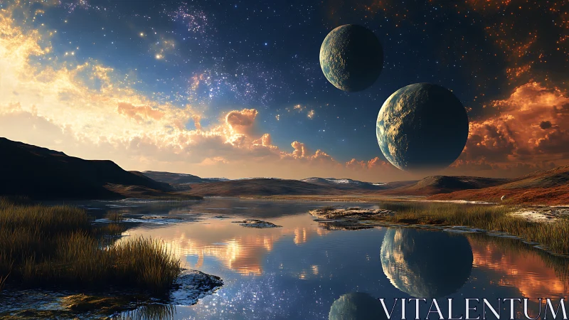 Dual exoplanets above reflective alien wetland basin.