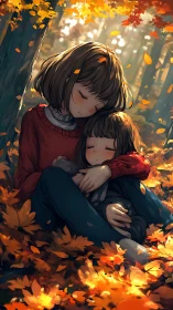 Digital painting of sisters embracing amid autumn foliage.